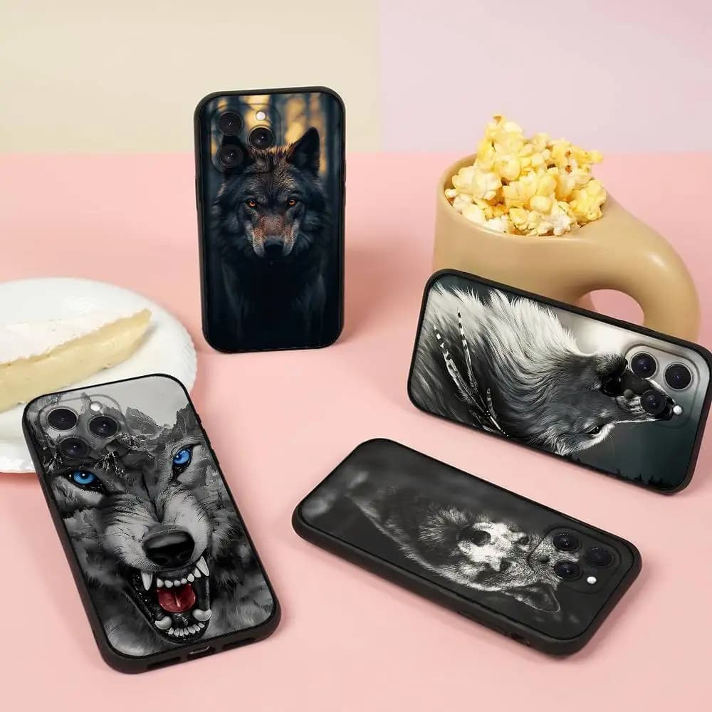 Custodia per telefono con stampa lupo nero accattivante per iPhone 17 16 15 14 13 12 11 PRO MAX PLUS Mini, in TPU morbido e delicato sulla pelle