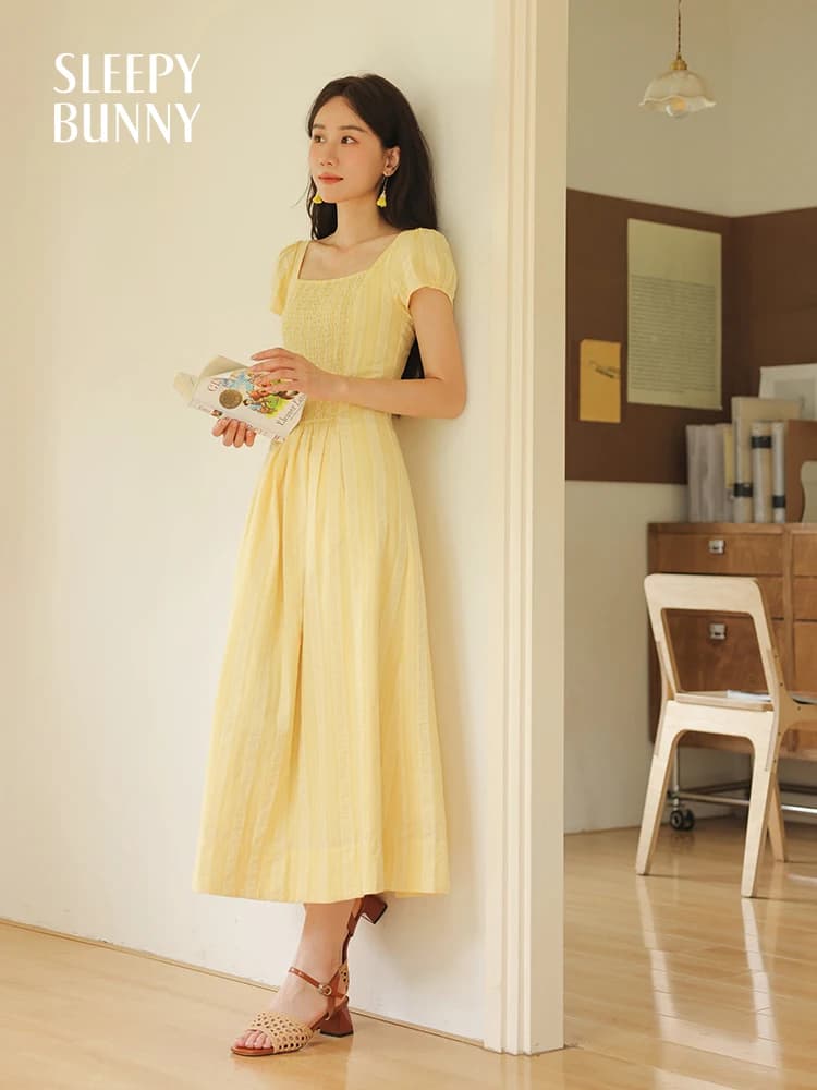 Sweet Vintage Puff Sleeve Dress Women Summer Square Neck Shirred Waist A-Line Midi Soft Lightweight Casual Long Dress Daily Look