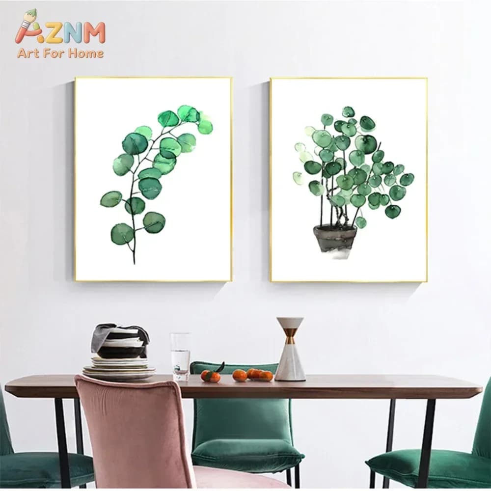 AZNM Frameless Canvas Wall Art, Watercolor Eucalyptus Leaf Potted Green Plant Print Poster for Fresh Minimalist Dining Room Kitc
