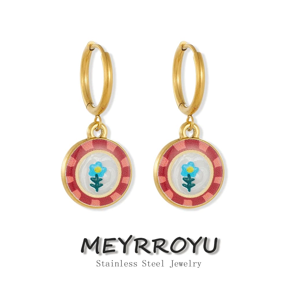MEYRROYU Stainless Steel Boho Retro Round Flower Hoop Earrings Red Checker Border Enamel Dangle Earrings Cute Floral Lady Jewelr
