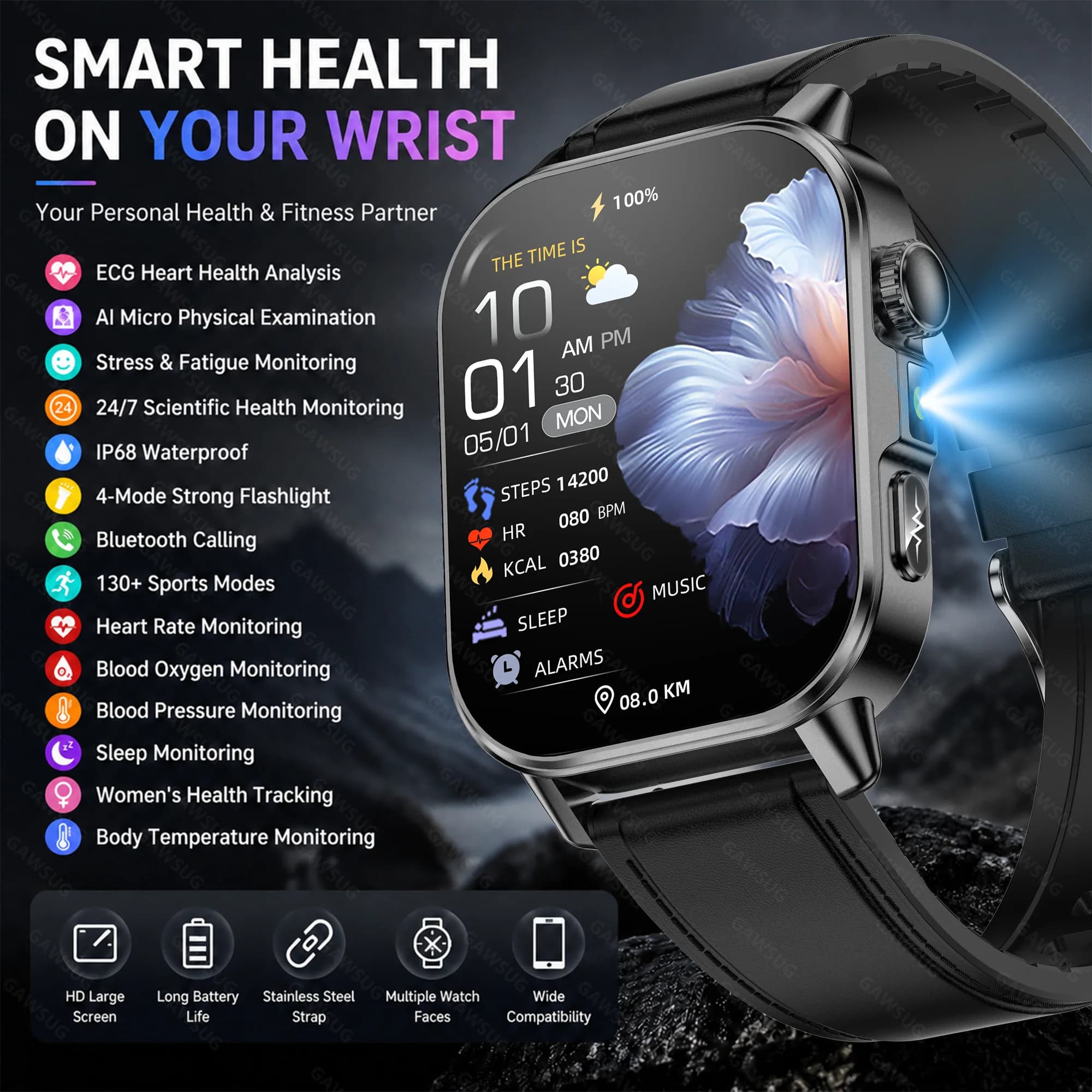 ECG Smart Watch AI Health Blood Pressure Temperature Tracker Flashlight Bluetooth Call IP68 Waterproof Men Women Smartwatch