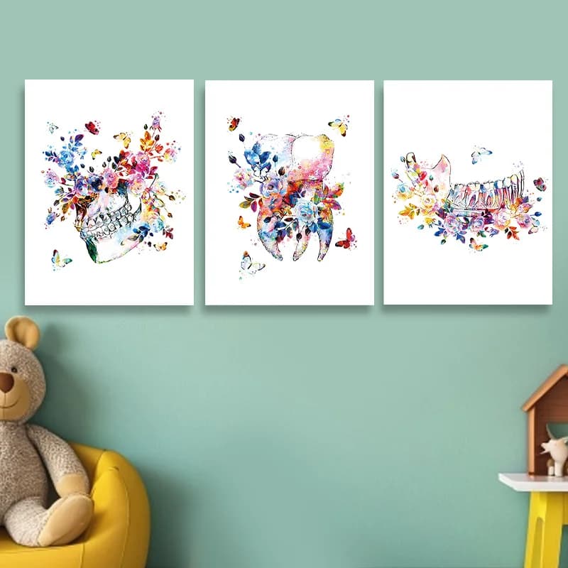(NoFrame 3PCS)-2D Flat, 2D Flat, 3pcs Dental Anatomy Canvas Art Set, Framed Thick Wall Hanging, Watercolor Teeth And Jawbone