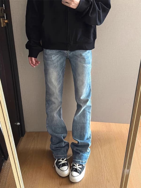 Jeans a Zampa d'Elefante Azzurro Chiaro da Uomo, Stile Americano High Street, Slim Fit, Gamba Dritta, Resistenti all'Usura, Jeans Casual