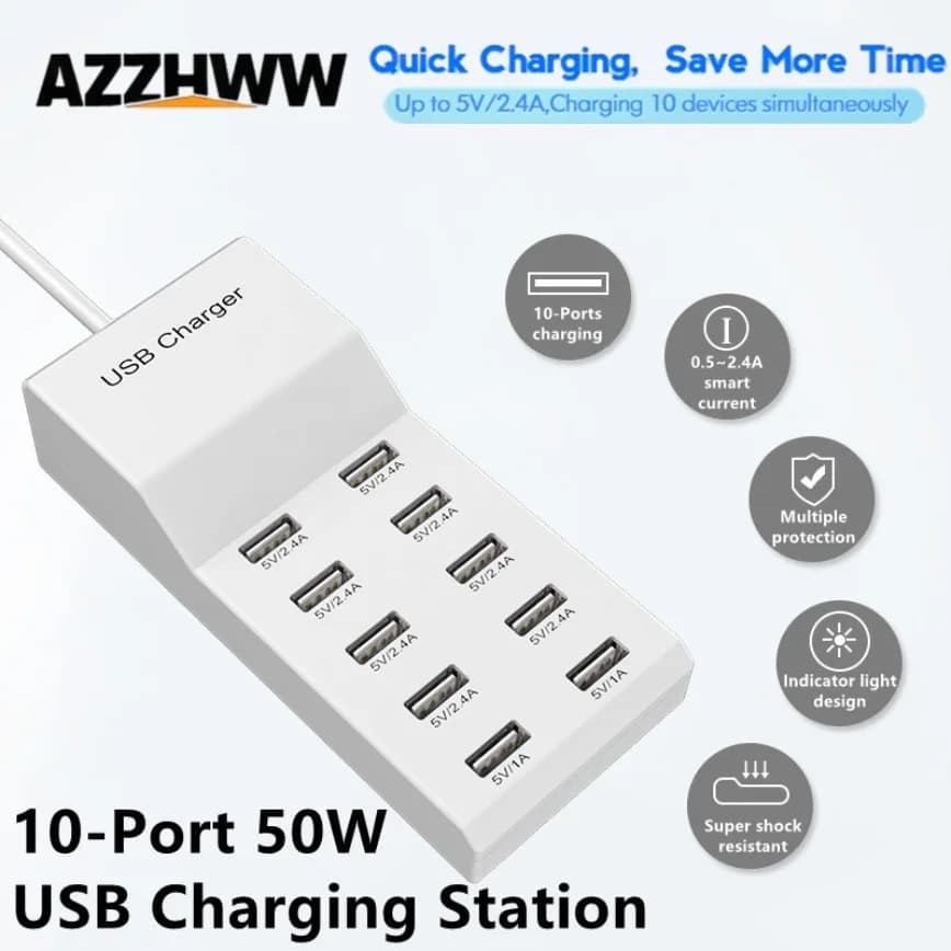Stazione di ricarica USB a 10 porte Ricarica rapida con rilevamento automatico Sicurezza tecnica Porte intelligenti garantite per telefoni Tablet Altri dispositivi.