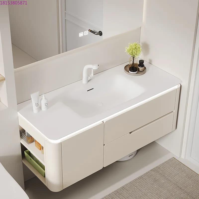 Mobile da bagno combinato con lavabo integrato in ceramica Corian ad angolo arrotondato in legno massello