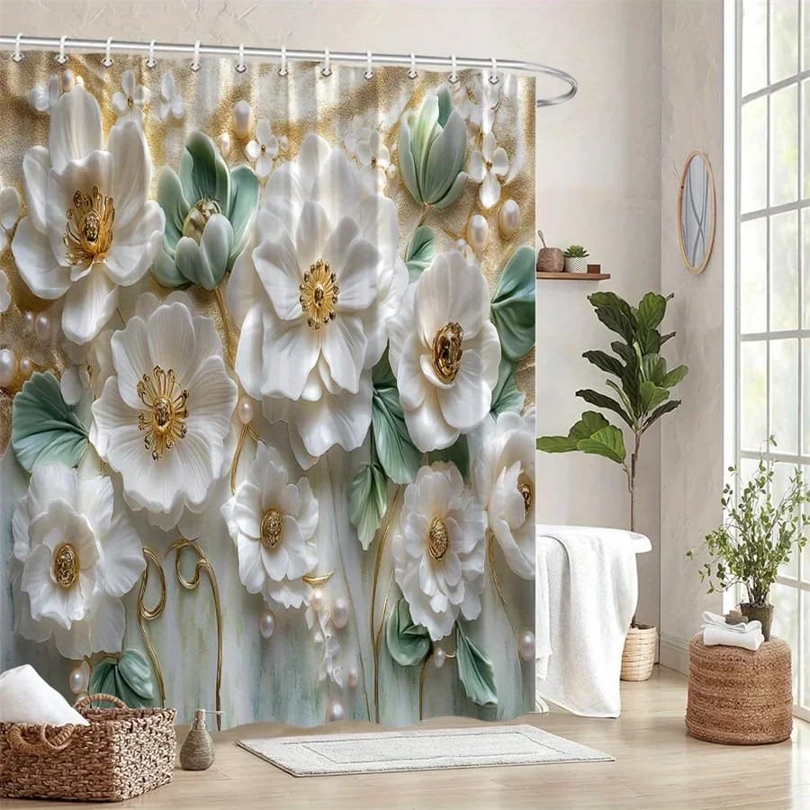 Lussuosa tenda da doccia floreale bianca e verde pallido, perle su sfondo sfumato dorato, regalo romantico per l'arredamento del bagno