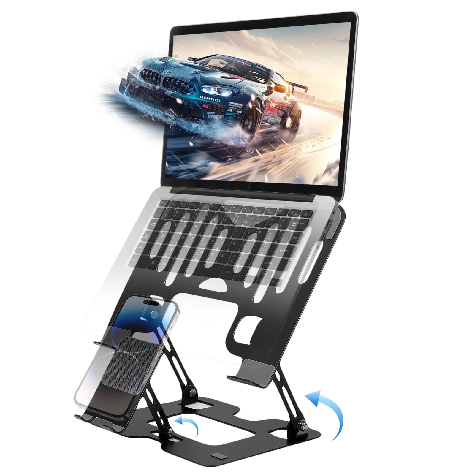 Supporto da scrivania 2-in-1 per laptop e telefono, supporto ergonomico pieghevole in acciaio legato, adatto per laptop da 10-17 pollici, MacBook, Dell, HP, Lenovo e altri.