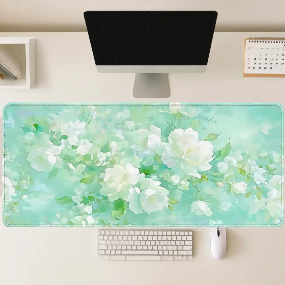 Tappetino per mouse grande verde menta con rose bianche, tappetino da scrivania da gaming esteso antiscivolo, tappetino per tastiera impermeabile
