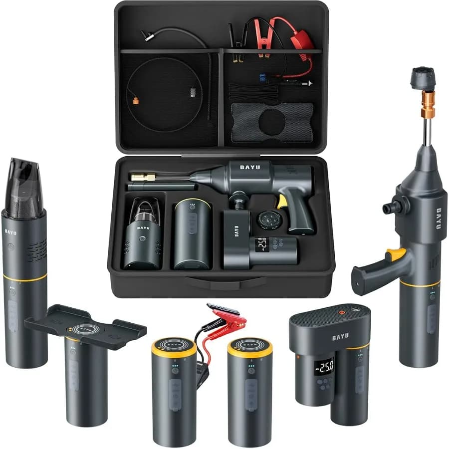 Kit avviamento per auto 6 in 1 con aspirapolvere per auto 19000PA e batteria universale, idropulitrice a batteria, gonfiatore per pneumatici 150PSI,