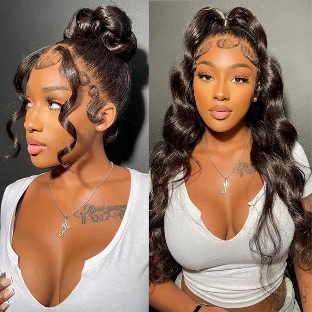 13x4 HD Lace Frontal Natural Black Wig 40 Inch Brazilian Body Wave Human Hair 250 Density Pre Plucked Baby Hair Smooth Bouncy Hair Extensions