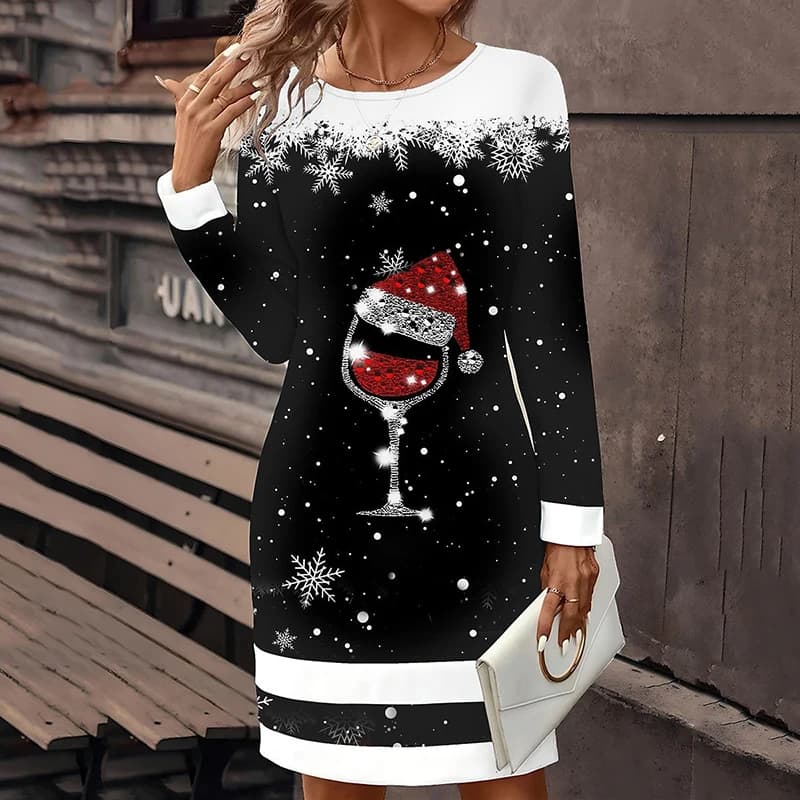 Mini abiti da festa con fiocchi di neve di Natale Moda donna Natale Bicchiere da vino Abito a maniche lunghe Abito invernale da donna di Capodanno allentato