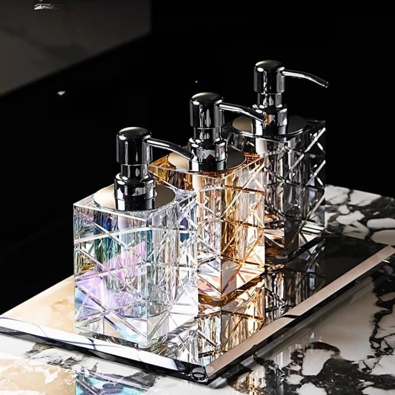 Dispenser di sapone in cristallo premium, bottiglia di lozione in vetro stile hotel, dispenser di lozioni da bagno di lusso, arredamento elegante per il bagno