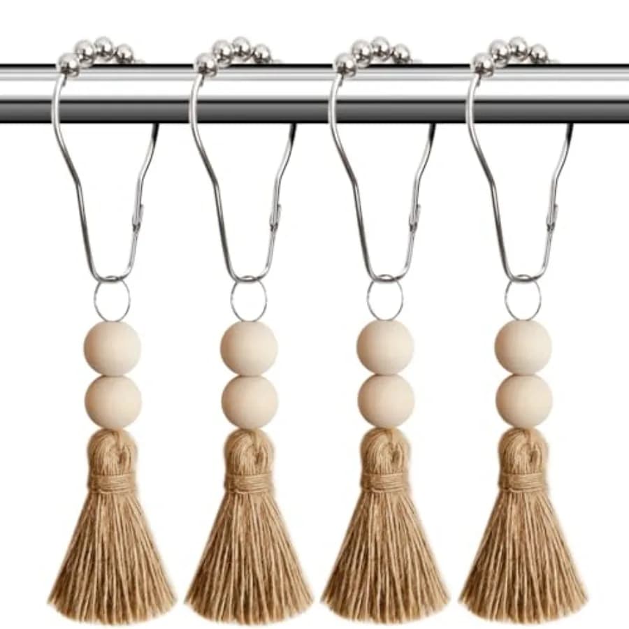 Boho Shower Curtain Hooks Rings Rustproof, Nautical Decorative Shower Curtain Rings with Handmade Wood Beads Tassel, Farmhouse