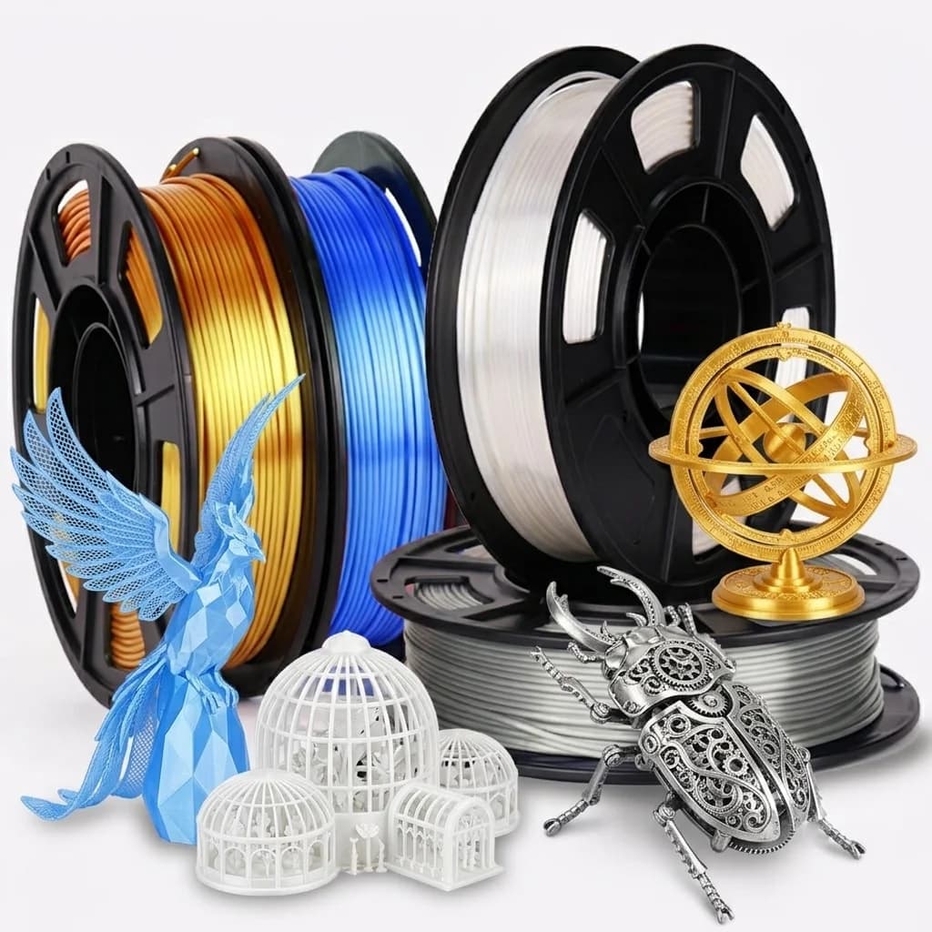 3D Printer PLA Silk Filament - 1.75mm Smooth, Multicolor 4-Color Pack (4x250g:blue, Silver, gold, White)