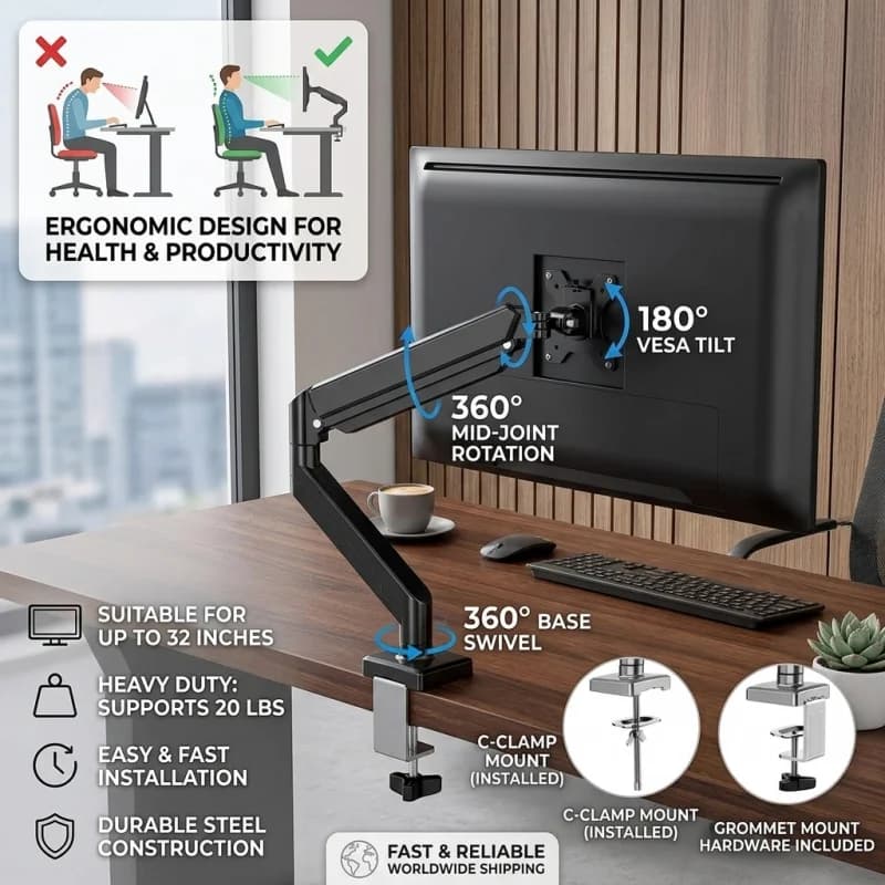 Supporto da scrivania per computer resistente, braccio per monitor fino a 32 pollici, sistema di supporto regolabile per singolo monitor, NERO