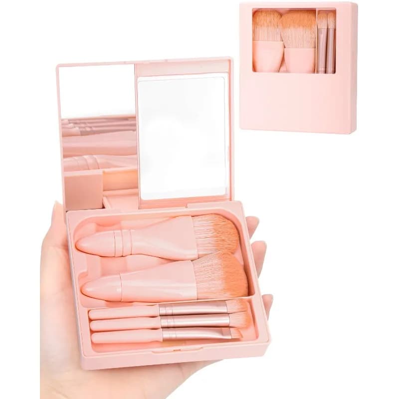 Mini set di pennelli per trucco 5 in1 con custodia rigida e specchio incorporato, pennello On the Go Travel Essentials (rosa chiaro)