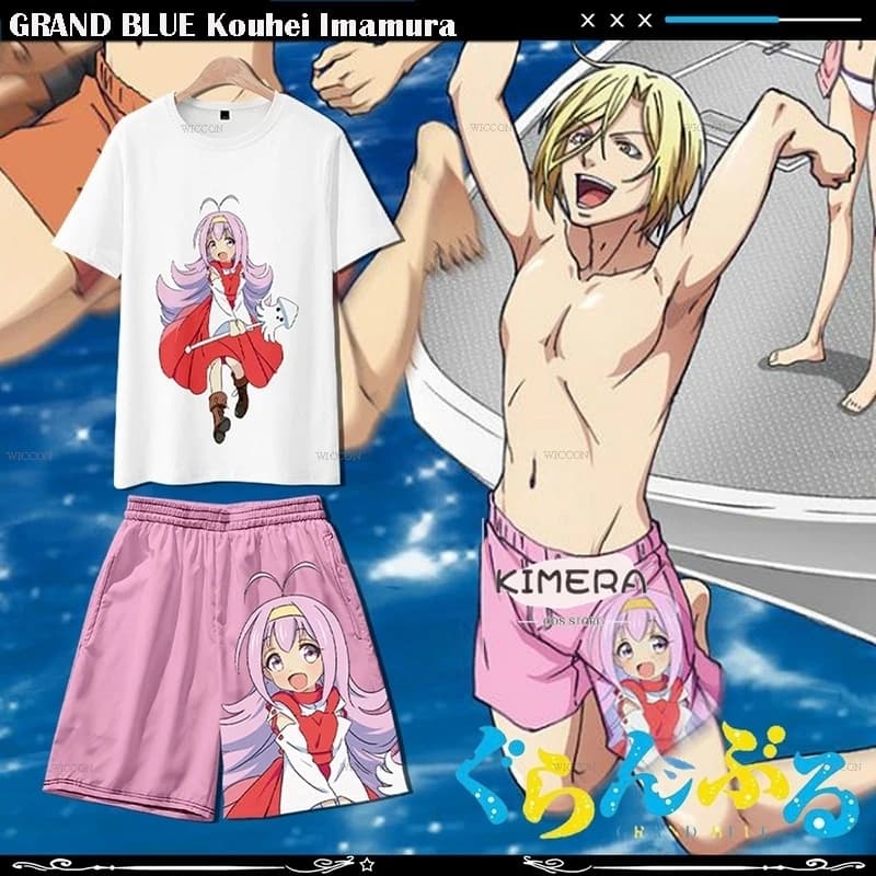 GRAND BLU Kouhei Imamura Cosplay otaku Outfit Costume Pantaloncini Ventole Tshirt Anime Cosplay Pantaloni rosa Uniforme Party disfraz adulto