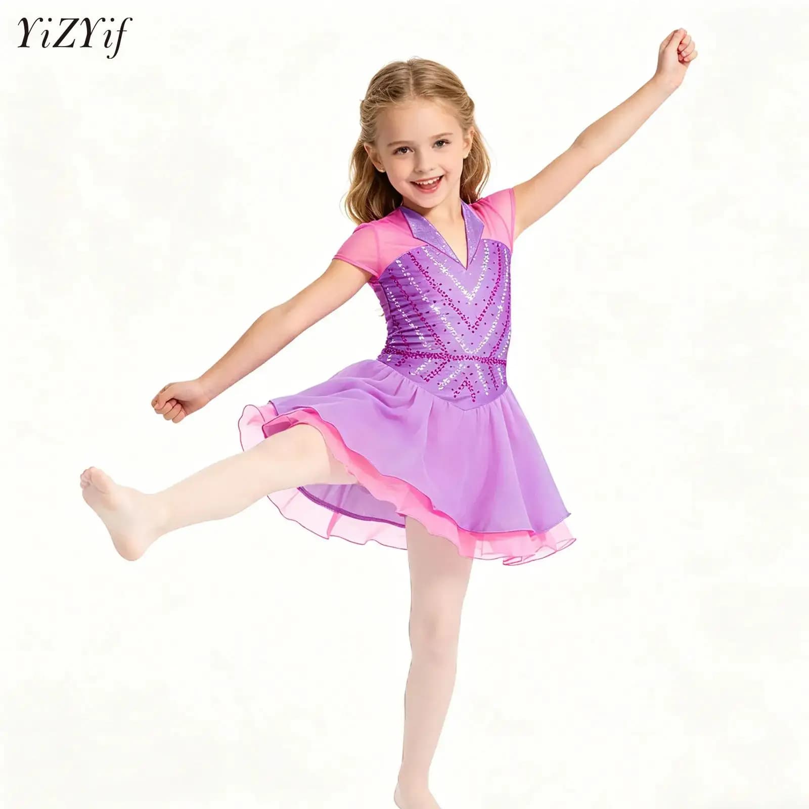 Abito per Pattinaggio Artistico per Bambine, Body da Ginnastica e Danza con Strass Lucidi e Inserti in Rete, Costume per Competizioni di Pattinaggio