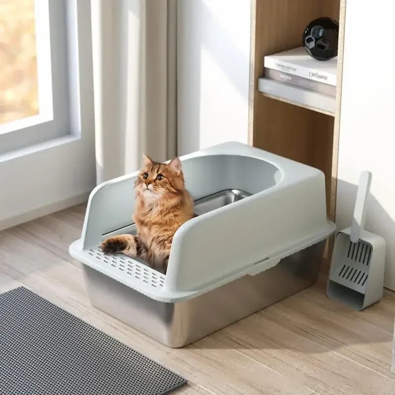 -Scatola per lettiera per gatti chiusa in acciaio inossidabile con coperchio Vassoio per lettiera per gattini in metallo XL extra large con parete alta