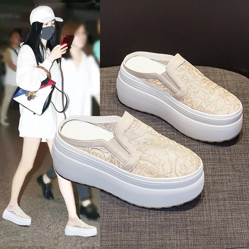 Mules estive da donna in pizzo con glitter, plateau 8 cm, traspiranti, in vera pelle, scarpe casual alla moda