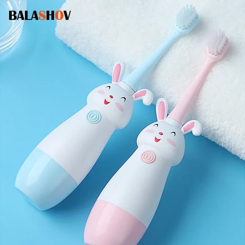 Children's toothbrush rotating model cute cartoon baby bunny with soft spare heads Anti-slip portable toothbrush