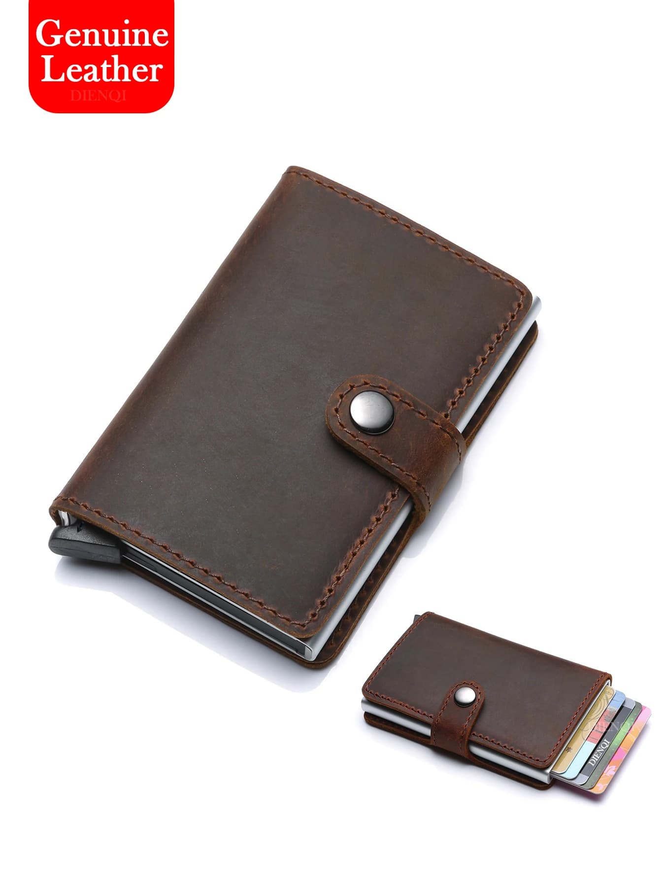 Portafoglio da uomo in vera pelle con fermasoldi, vintage, in vera pelle, con protezione RFID, porta carte di credito a scomparsa, sottile, a tre ante.