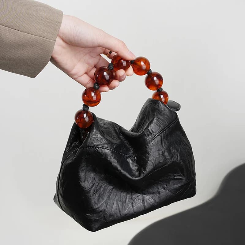 Borsa a mano con perline alla moda, borsa a tracolla portatile da donna in vera pelle plissettata, stile niche, con perline, a forma di lunch box