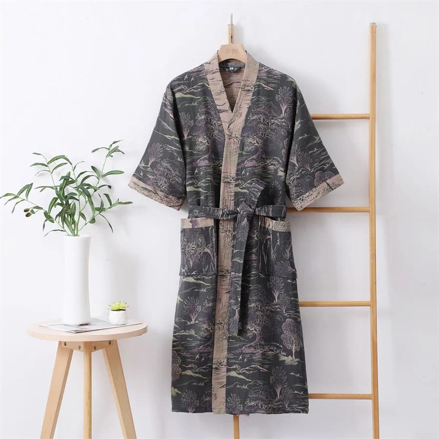 Coppia Vestaglia Retro Pigiama Doppio Strato di Garza Accappatoio da Uomo Doccia Abito da Donna con Scollo a V Kimono Indumenti da Notte Abito da Notte