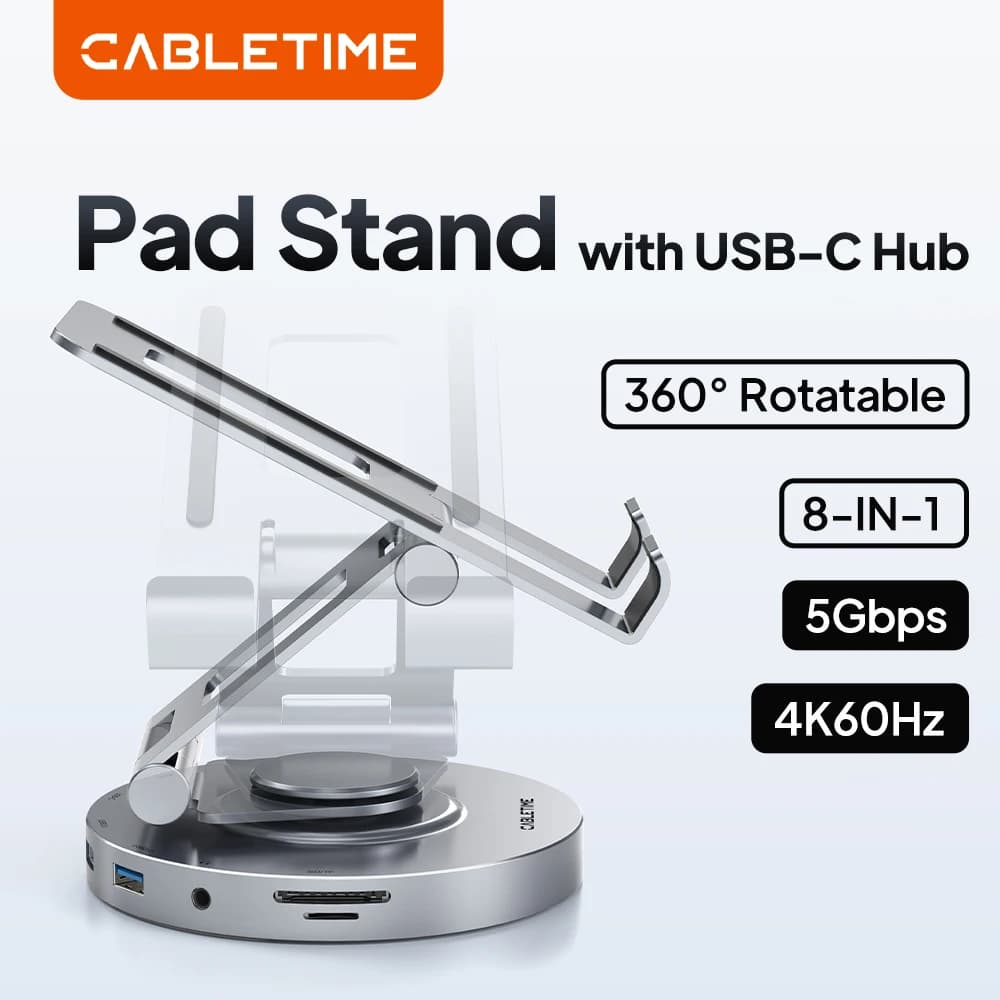 CABLETIME 8 IN 1 DOCK USB C Hub 360 Rotating Stand HDMI 4K 60Hz PD 100W USB 5Gbps SD TF Aux 3.5mm for iPhone iPad Pro Tablet