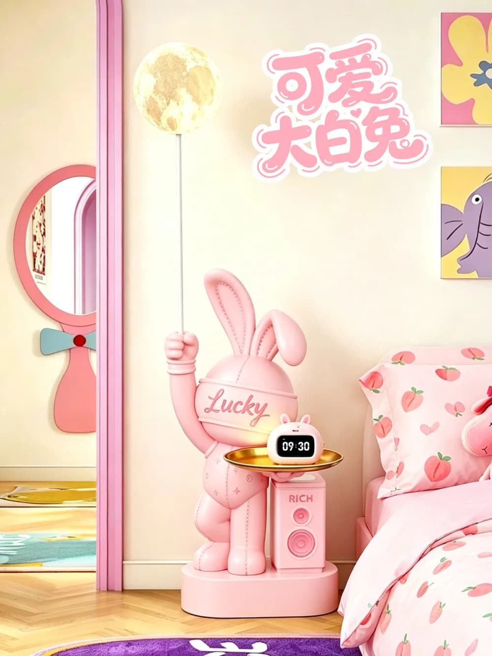 Statua di Coniglio per Arredamento Casa, Decorazione da Pavimento, Tavolino Portaoggetti Rosa Stile Cartone Animato, Altoparlante Bluetooth per Soggiorno, Scultura Animale con Ripiano