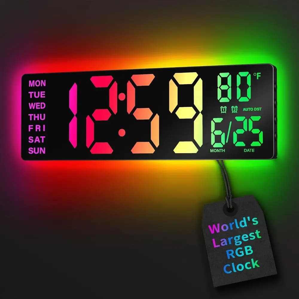 Orologio da Parete LED 16.5 Pollici con Sincronizzazione Bluetooth, Scene RGB, Telecomando, Doppio Allarme, DST Automatico, Display Temperatura