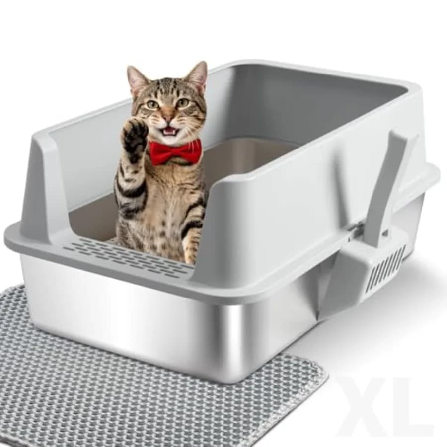 Lettiera per Gatti XL in Acciaio Inossidabile con Coperchio a Bordi Alti, Extra Large per Gatti Grandi, Anti-Perdita di Urina, Facile da Pulire, Inodore, Non S-Spandente