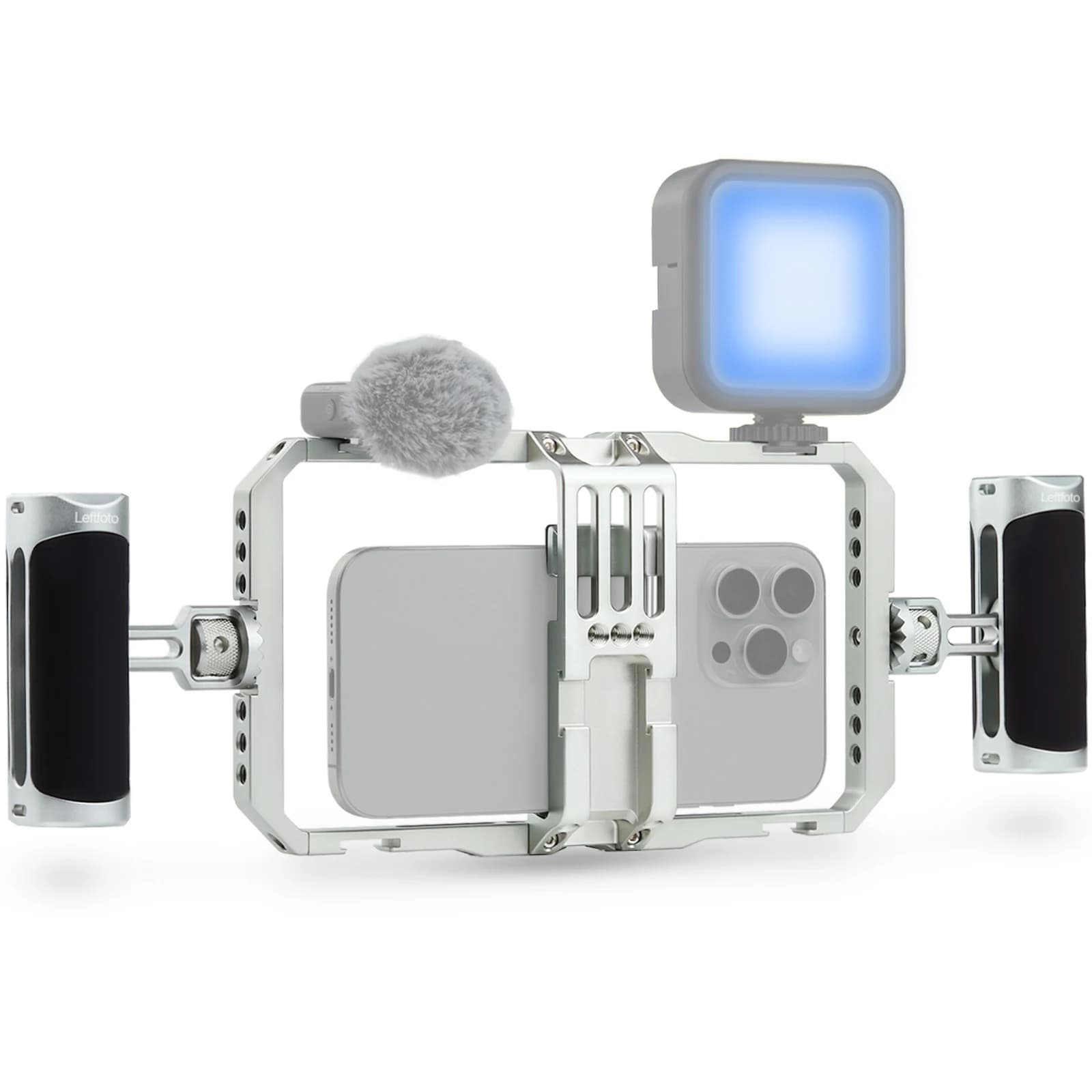 Leftfoto Gabbia stabilizzatrice universale per telefono in alluminio per smartphone Video Rig con doppie maniglie per iPhone 16 15 Mini Pro Max 8 Plus