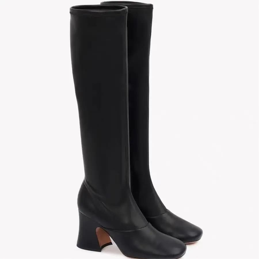 Stivali alti al ginocchio elasticizzati neri da donna, con punta tonda e tacco largo, comodi, casual, da ufficio, moda autunno inverno