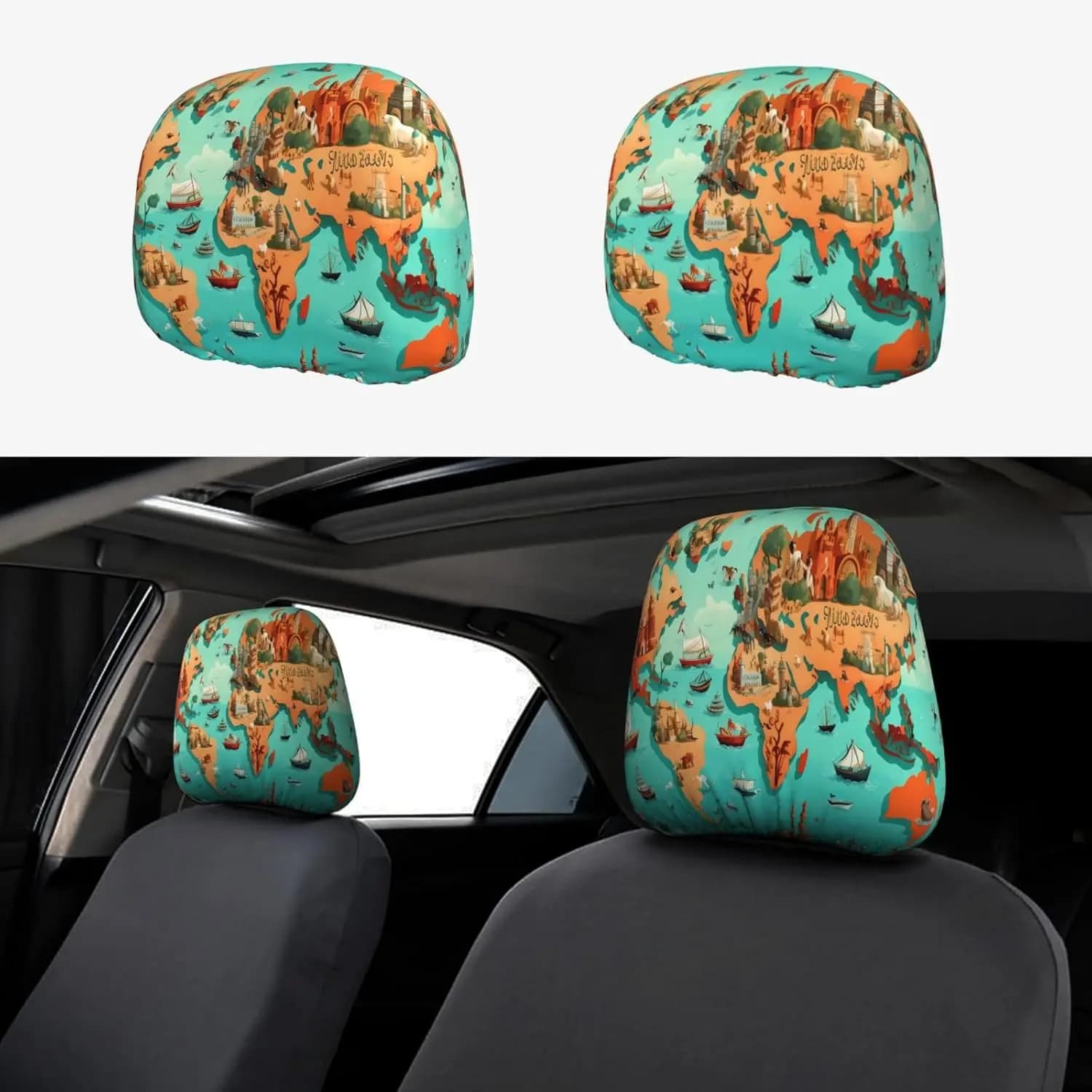Simpatici animali Mappa Stampa Copri poggiatesta per auto Copri poggiatesta per seggiolino auto universale personalizzato Copri poggiatesta per auto elastico 2 pezzi