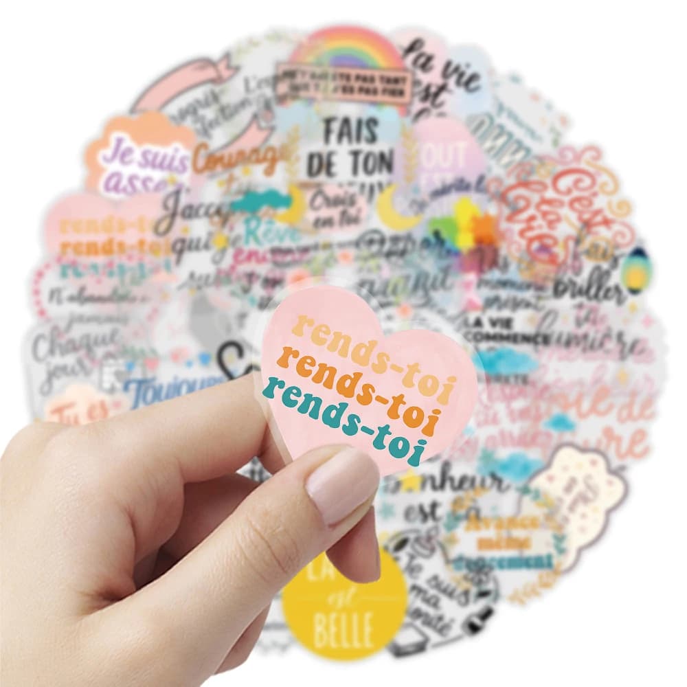 10/30/50pcs Motivational French Phrase Stickers Transparent PET Decal DIY Notebook Phone Case Luggage Cartoon Waterproof Sticker