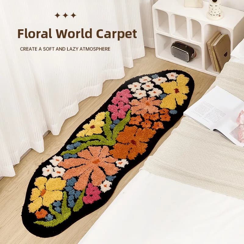 Tappeto in Peluche Floreale Dopamine, Decorazione Calda per Camera da Letto, Tappetino Antiscivolo per Comodino da Ragazza, Forte Assorbimento Acustico, Stile Francese