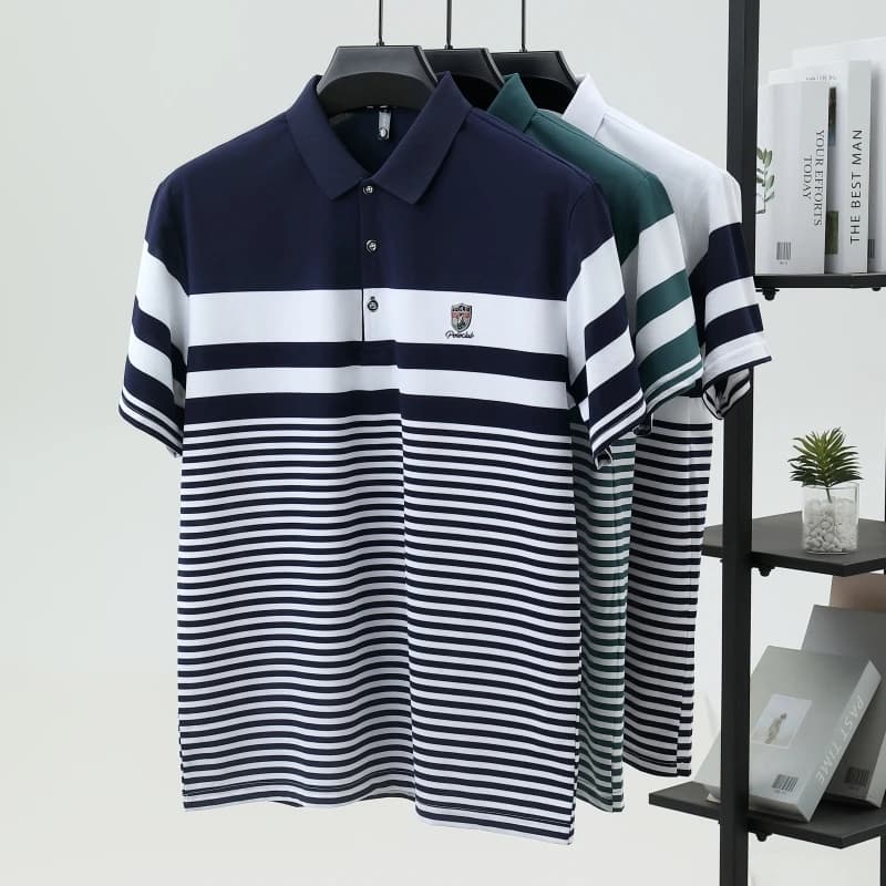 Polo da uomo a maniche corte ricamata con stemma del marchio di moda, maglietta Paul traspirante classica di lusso leggera a righe color block