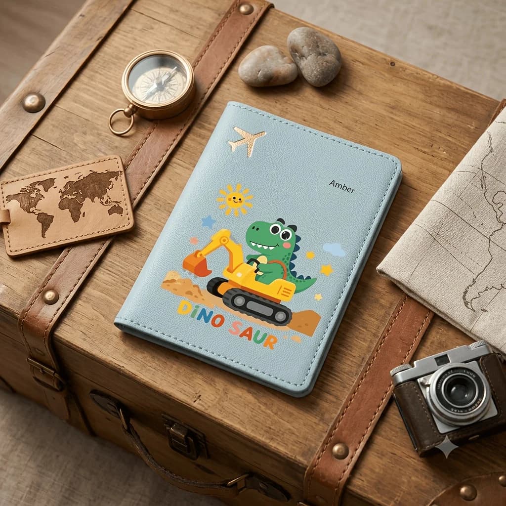 Custom Text Name Fashion Passport Bag, Personalized Dinosaur Excavator Passport Holder, Open-And-Close Design for Convenience