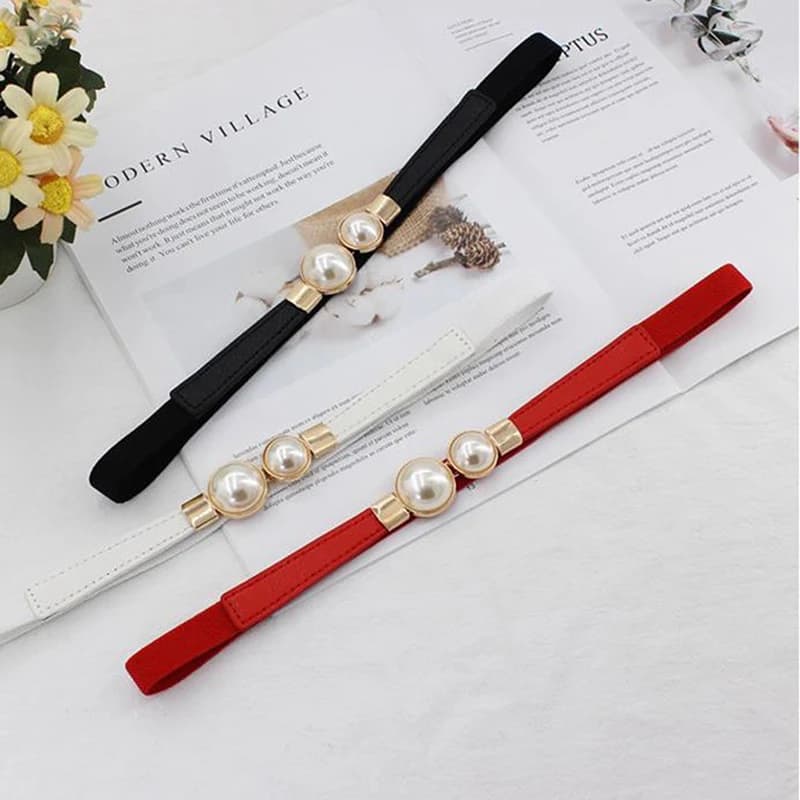 Cintura Elegante con Fibbia di Perle in Pelle PU, Elastica e Sottile per Abiti e Gonne, Accessorio da Donna