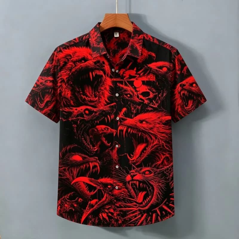 Men's Domineering Wolf Head Printed Short Sleeved Shirt with Wild Style and Personality Suitable for Street Shirts