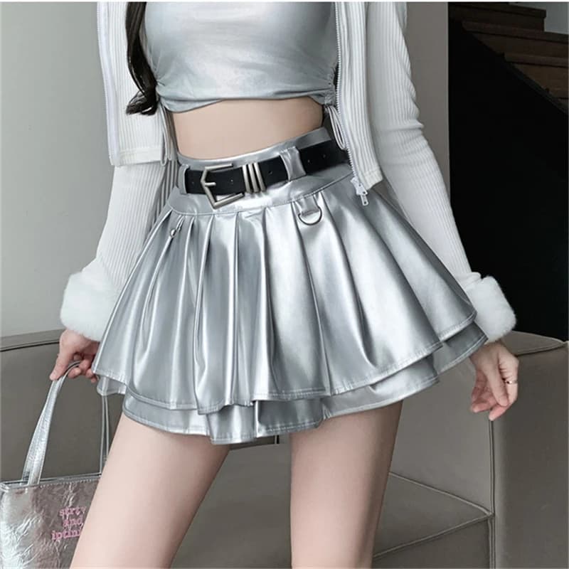 High Waist Pleated Miniskirt Women's Anti-Short Waist Skirts Pu Leather Short skirt with belt lining Ball skirt for Korean girls