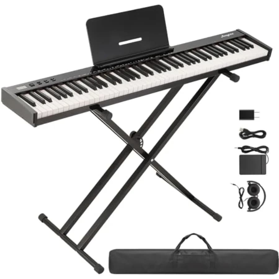 Digital Piano for home practice: 88-key semi-weighted keyboard in black, portable with stand, headphones, pedal, handbag, Bluet