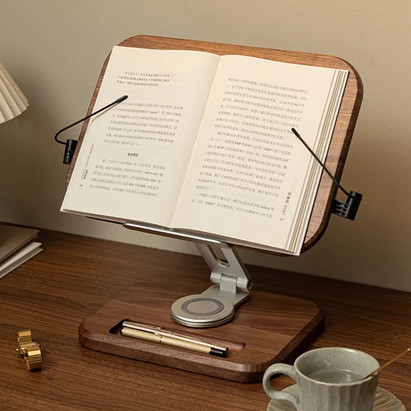 Adjustable Reading Stand Walnut Wood Multi Functional Book Tablet Ipad Laptop Holder Art Easel 360° Rotation Desk Organizer