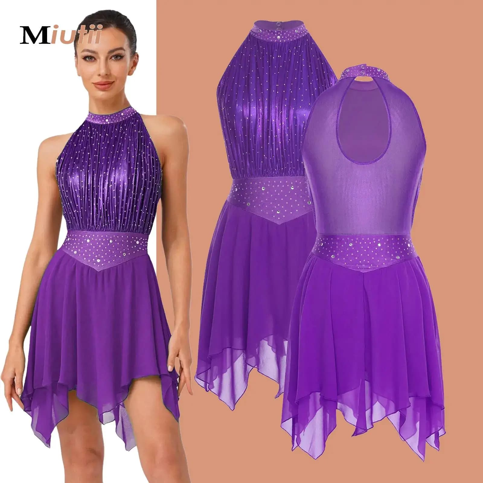 Abito da ballo lirico da donna increspato body da ginnastica ritmica metallizzata vestito da tutu in rete pattinaggio di figura balletto moderno dancewear