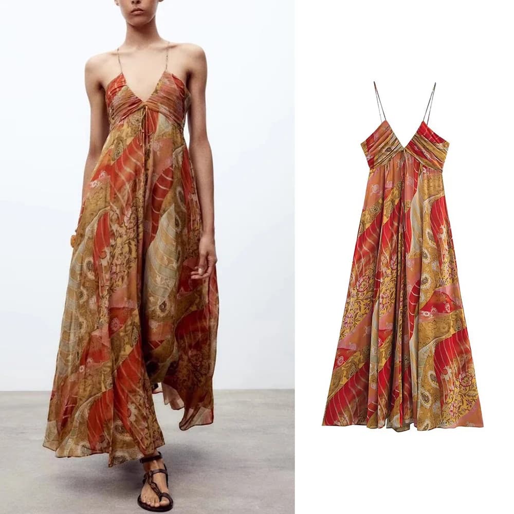 Fangokv 2025 Estate delle nuove donne Stampa di nicchia Allentato Sexy Backless Atmosfera Abito stile vacanza Gonna lunga