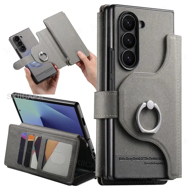 Custodia magnetica per portafoglio con cerniera per Samsung Z Fold 7 Fold6 Fold5 Fold4 Fold3 Magsafe Borsa per telefono con supporto in pelle flip 2 in 1