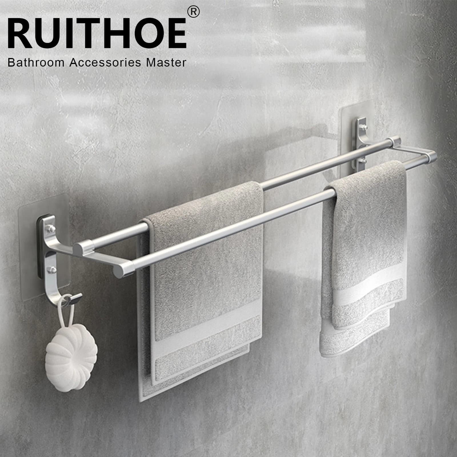 Portasciugamani da bagno Portasciugamani Supporto da parete Senza supporto per trapano Portasciugamani da 40/50 cm Doppia barra in alluminio a 2 livelli