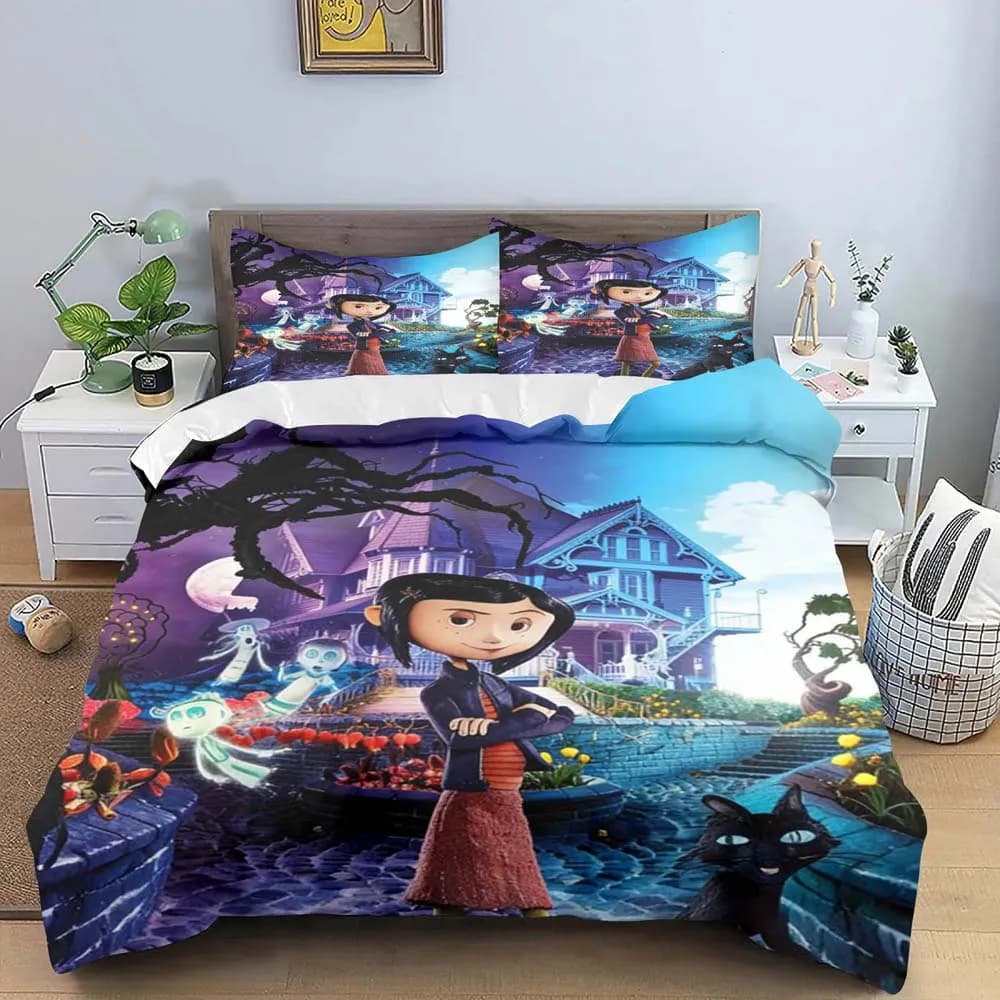Set di Biancheria da Letto con Copripiumino e Federe a Tema Coraline e la Porta Segreta, Decorazione per Camera da Letto per Adulti, Ragazzi e Ragazze, Misure Singole e Doppie