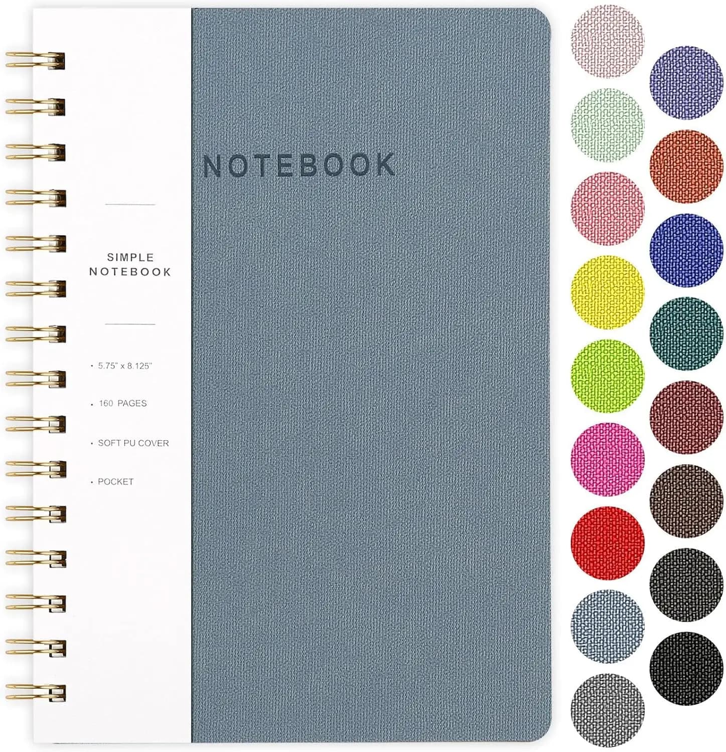 Spiral Notebook 5.75"x8.125" College Ruled Journal with Inner Pockets 160 Pages PU Leather Cover Twin-Wire Binding for Office &